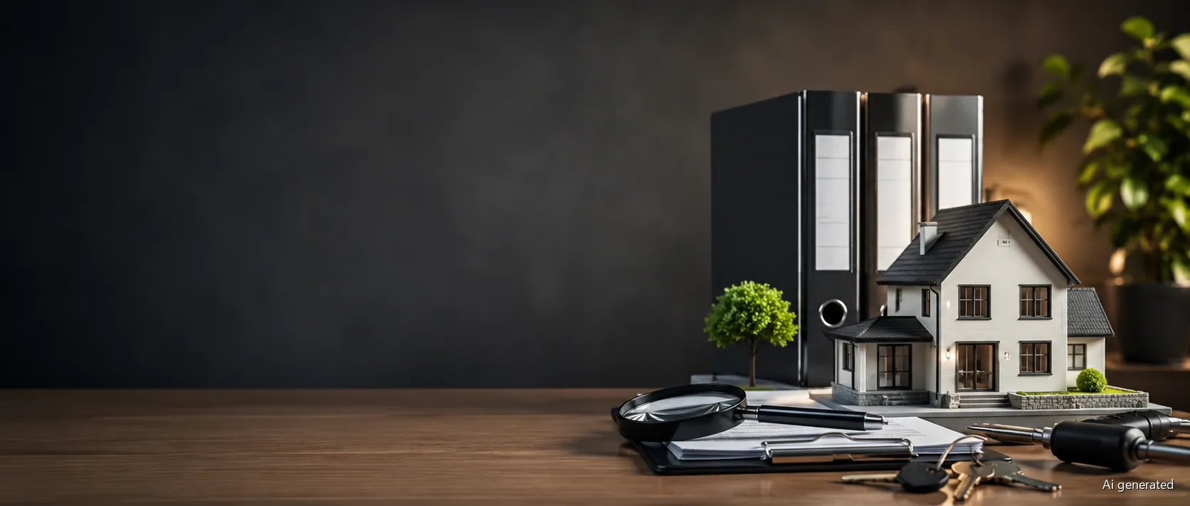 Telefon, Aktenordner und ein Hausmodell auf einem Schreibtisch