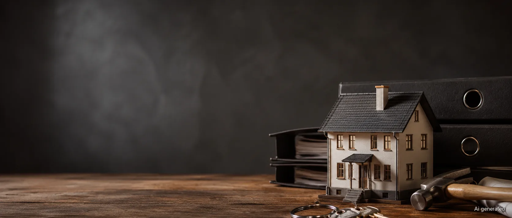 Hausmodell neben Aktenordnern, Schlüsseln und Werkzeug